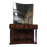 Art Decò dressing table in briar with large mirror and pink glass