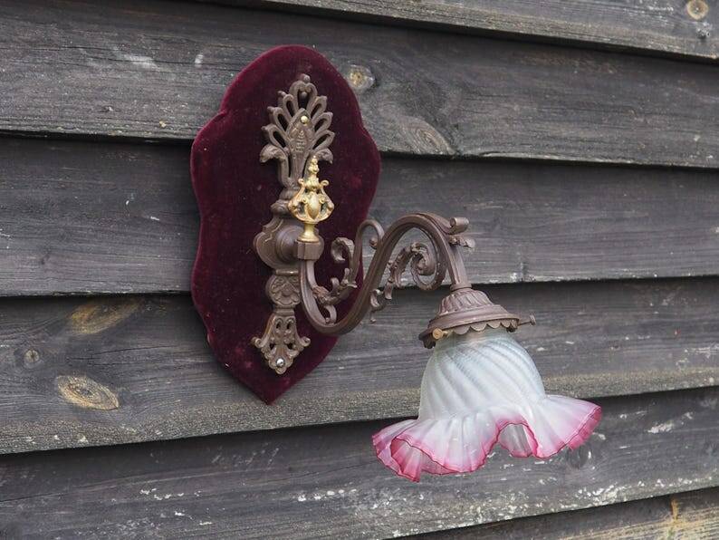 Art Nouveau Wall Sconce: French Metal, Opaline Rose Shade, C1950s
