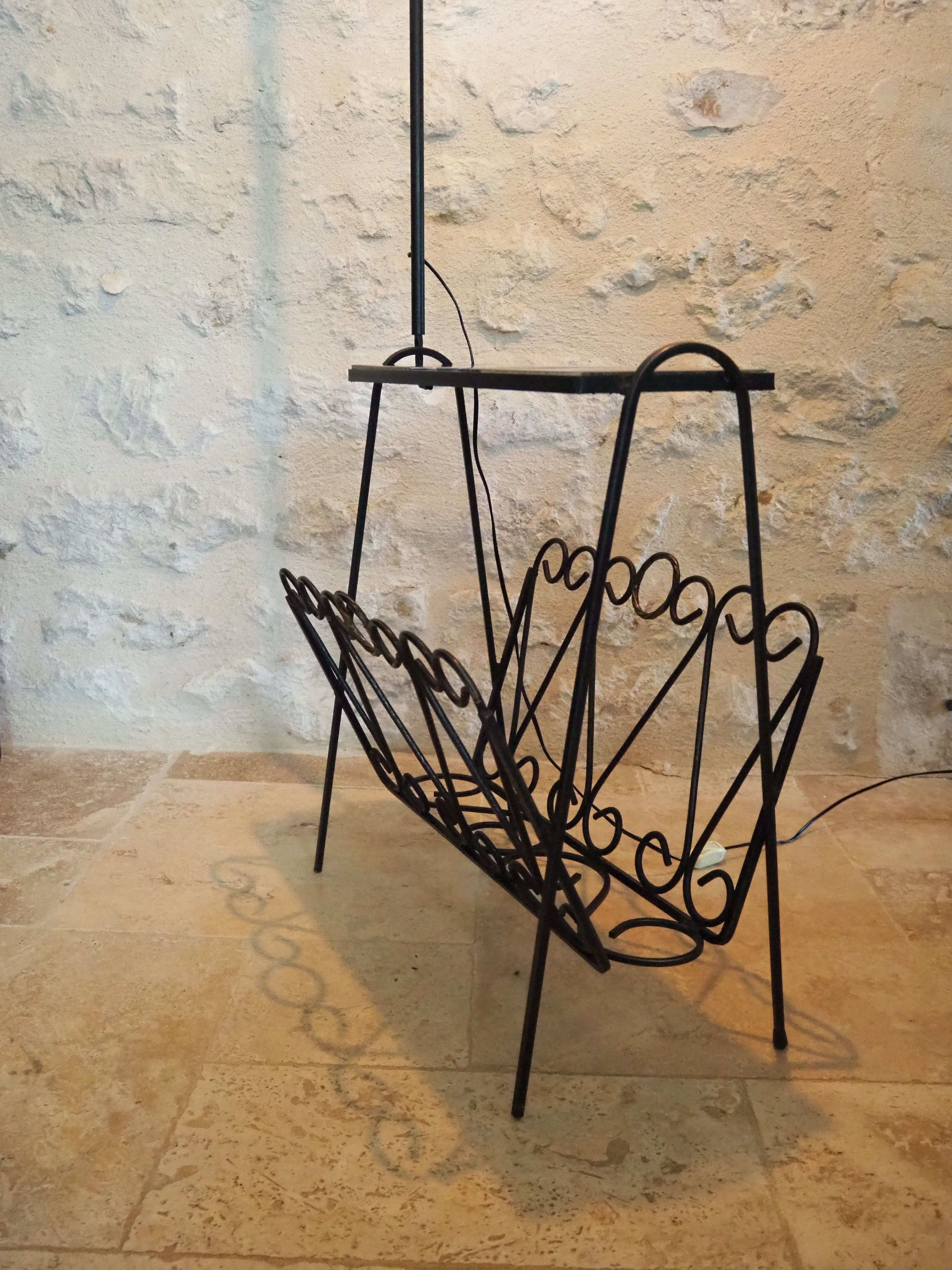 1970s black wrought iron ironing board with enamelled tiles