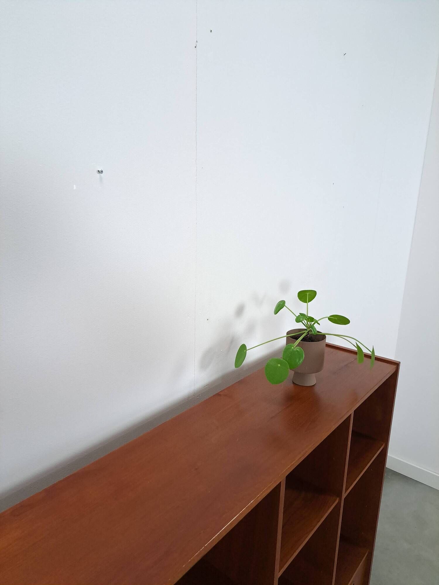 Deens teak brede LP kast met planken, lades en bar met spiegel