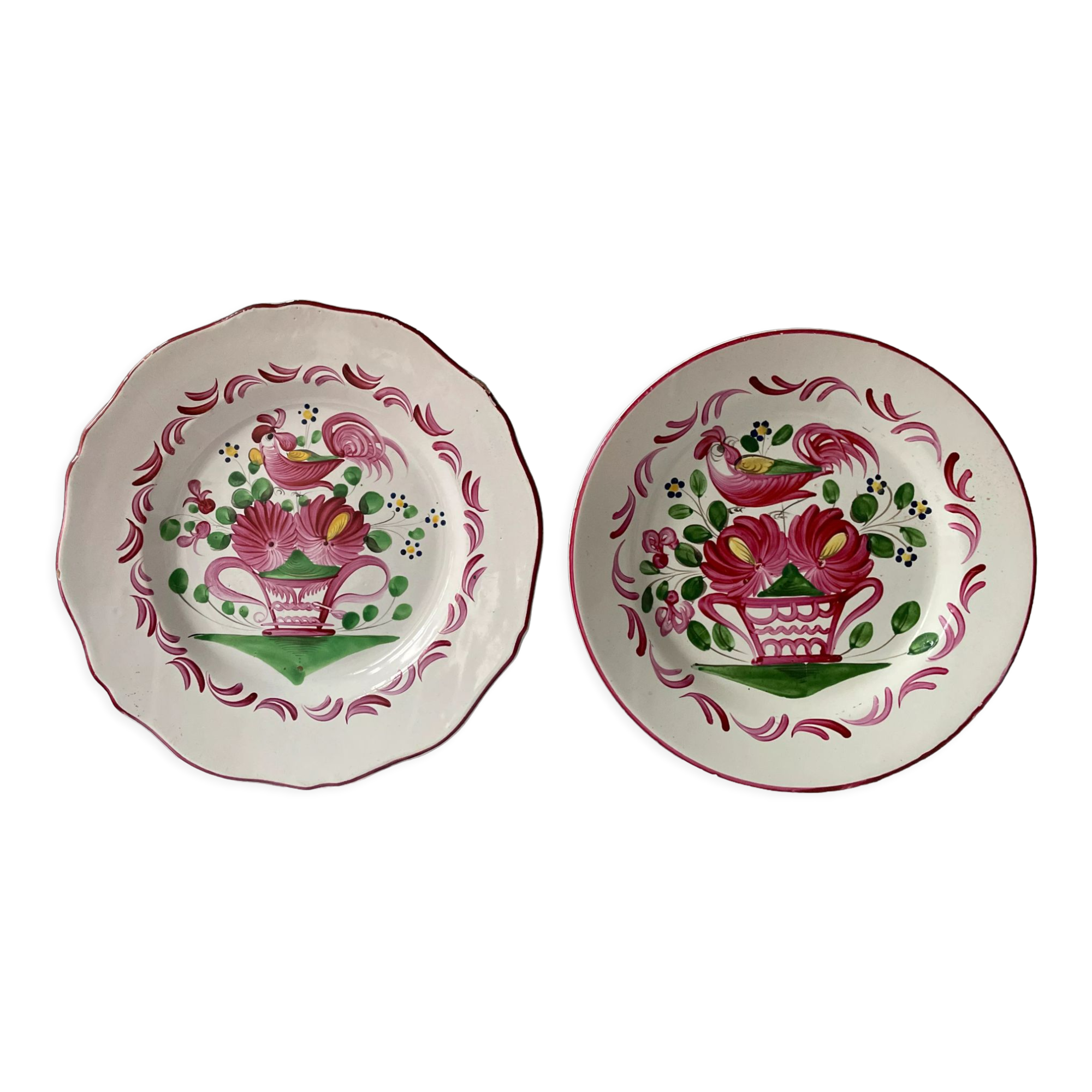 Set of 2 plates XIXth Les Islettes, rooster decoration and flowery basket