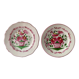 Set of 2 plates XIXth Les Islettes, rooster decoration and flowery basket