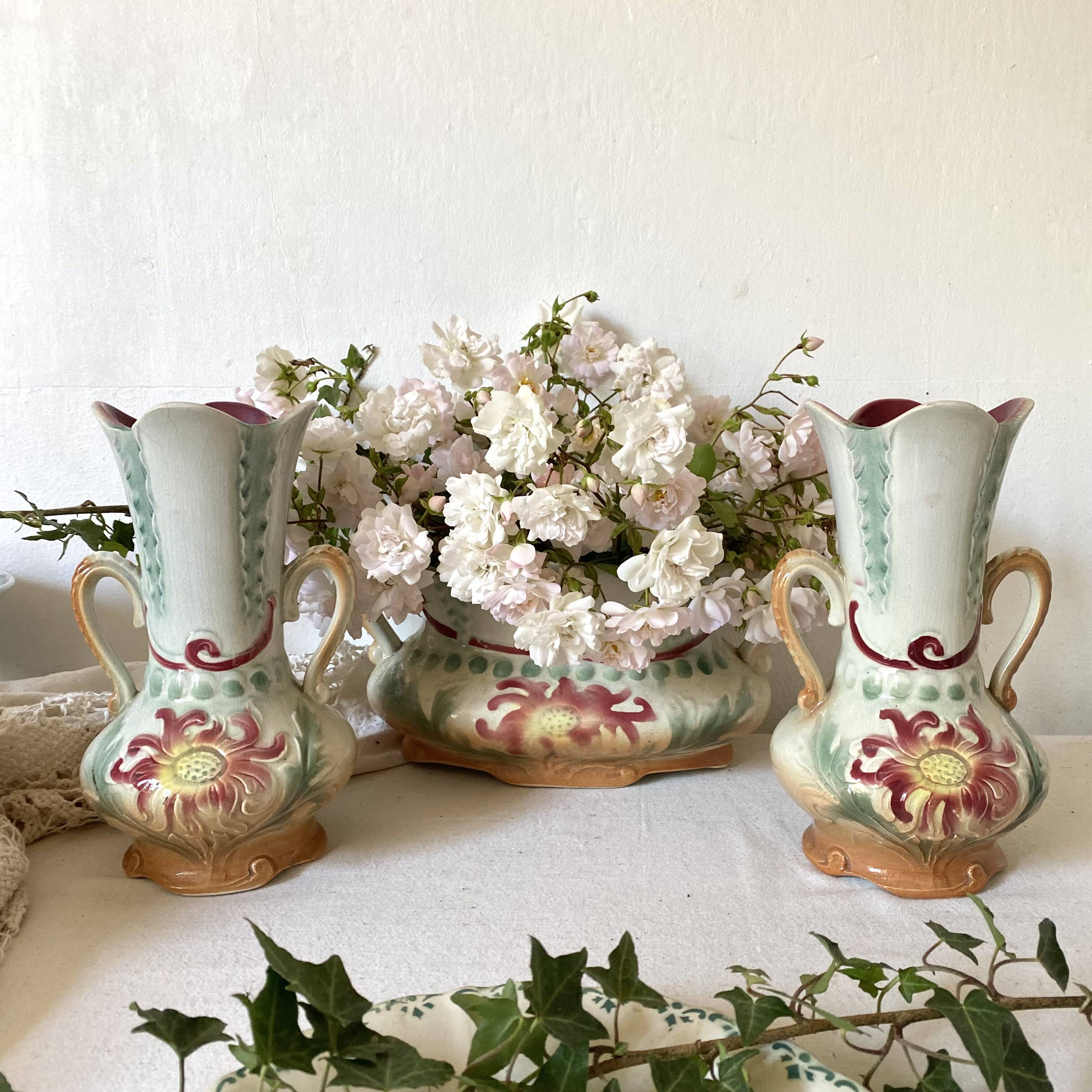 Art Nouveau slip vases, old fireplace decoration