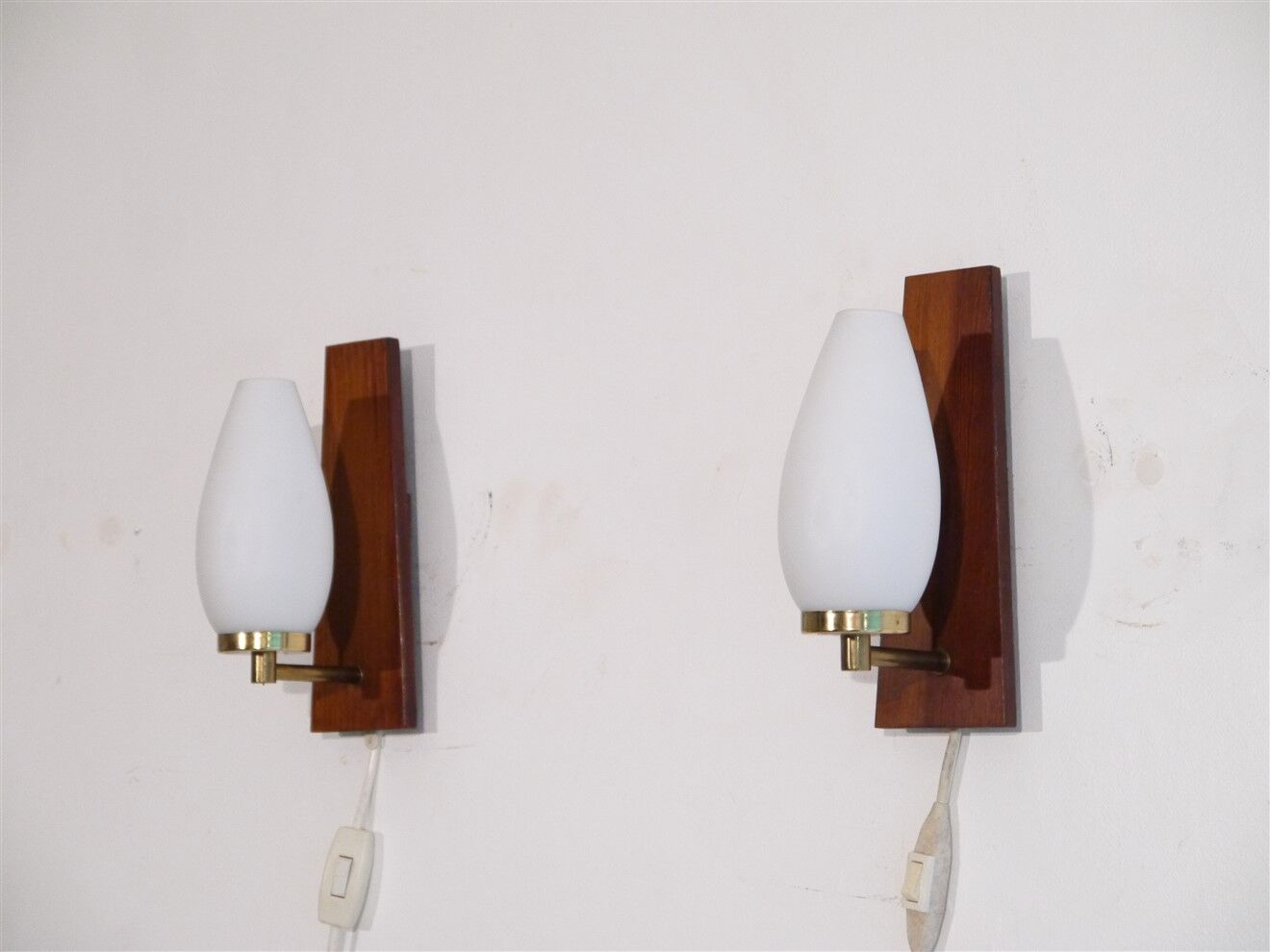 Pair of Scandinavian teak and opaline sconces 1960