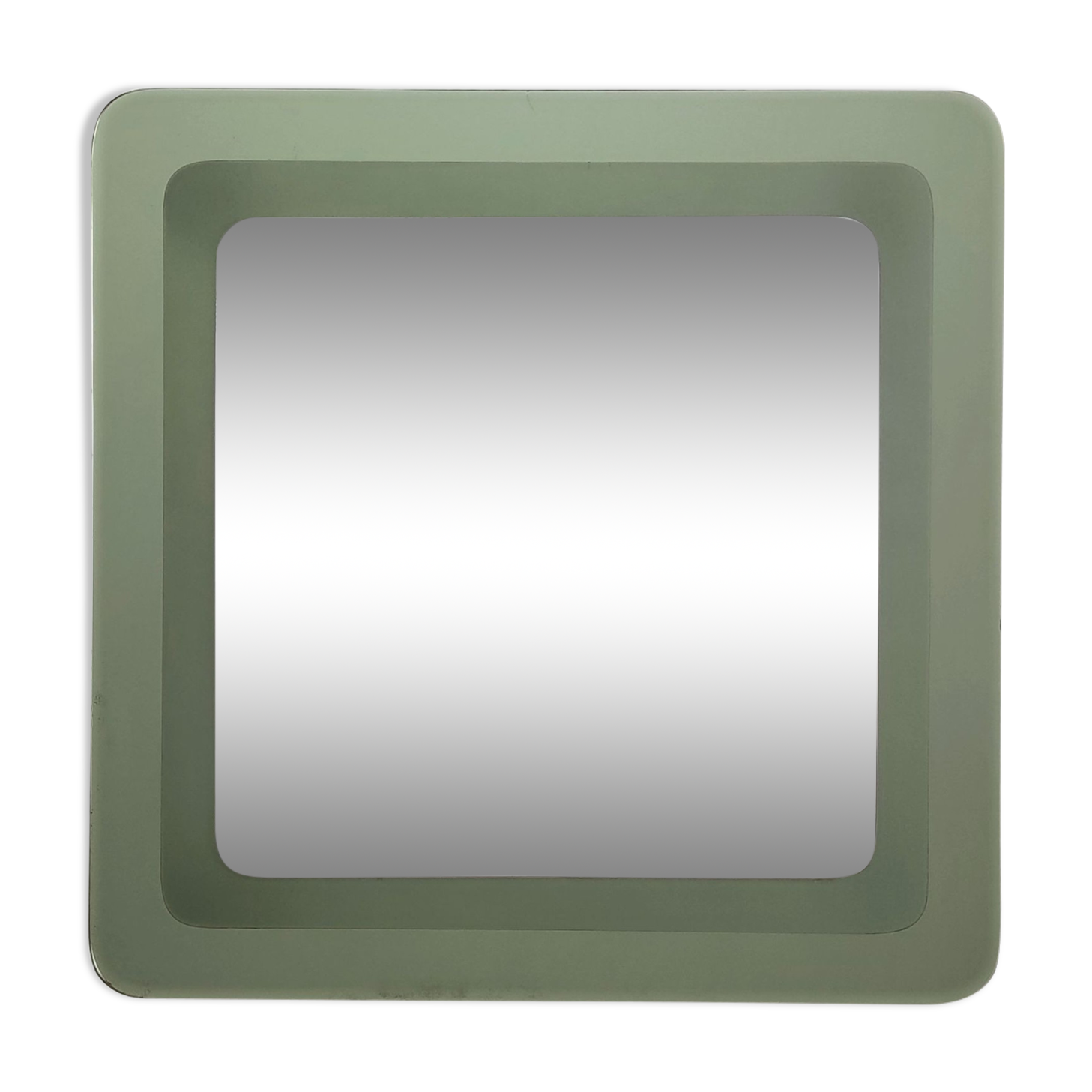 Postmodern square wall mirror with an army green beveled glass frame, Italy