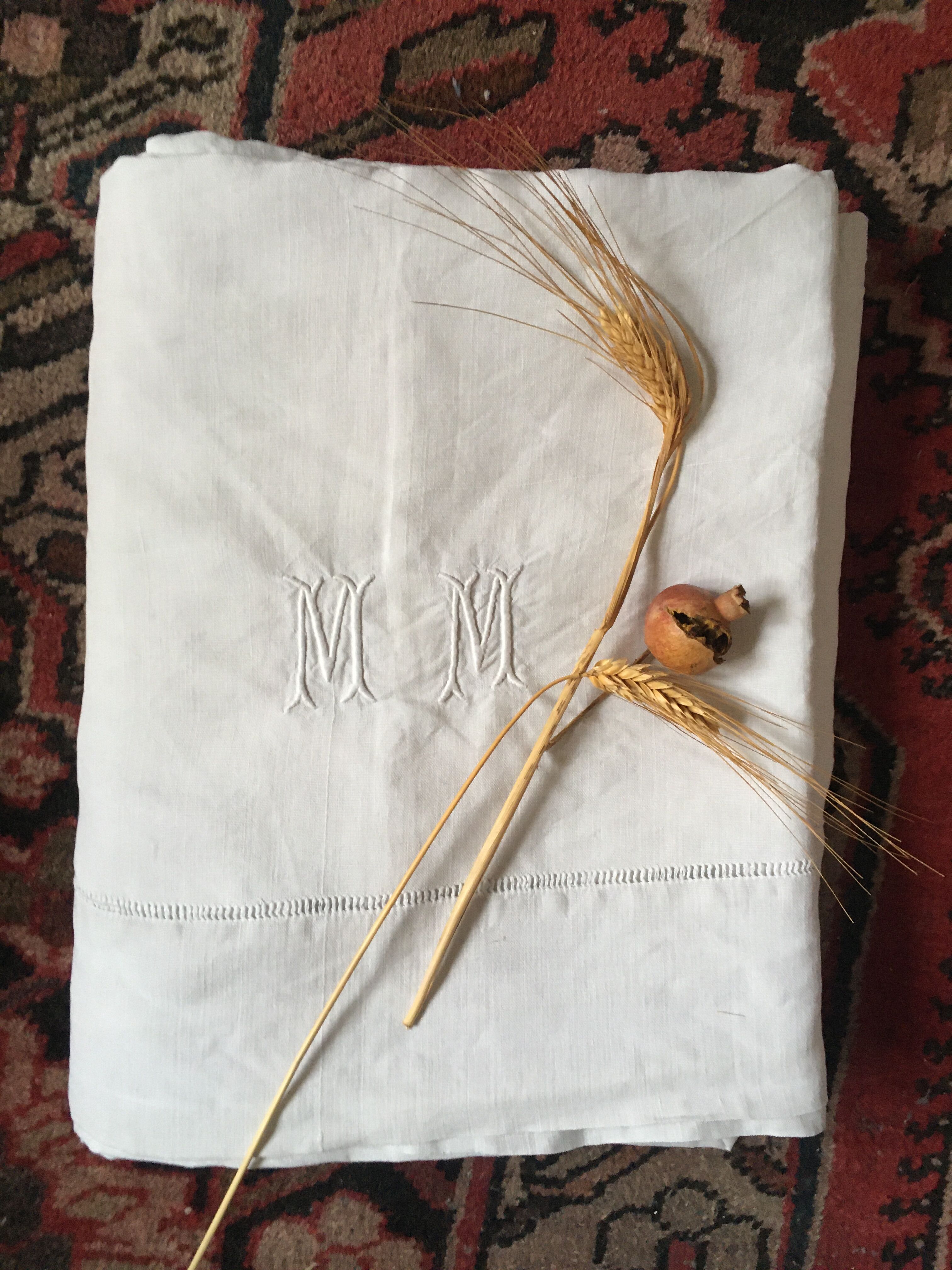 Linen thread sheet with monogram M M