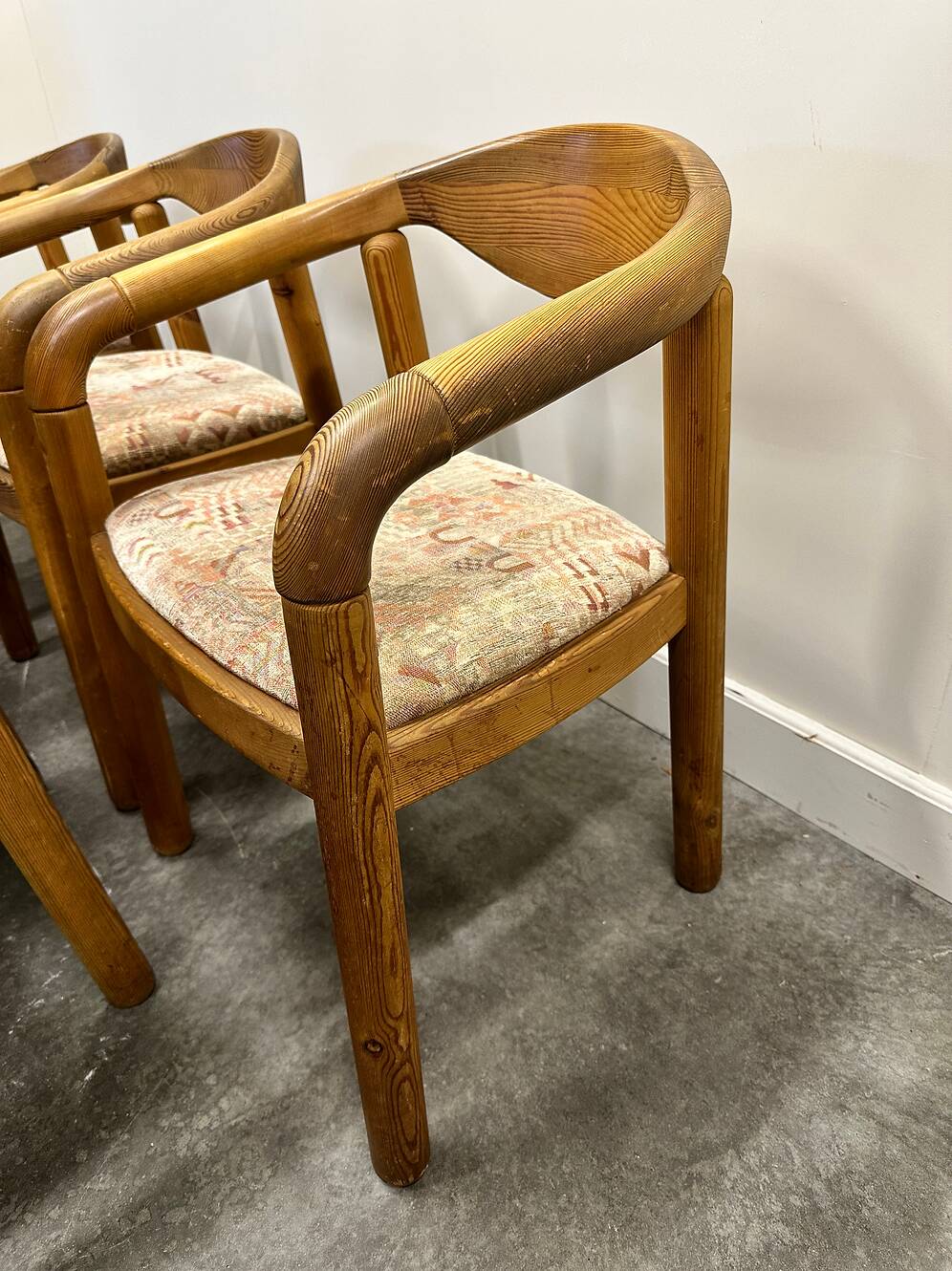 Set of six Rainer Daumiller pine wood arm chairs, 1970s