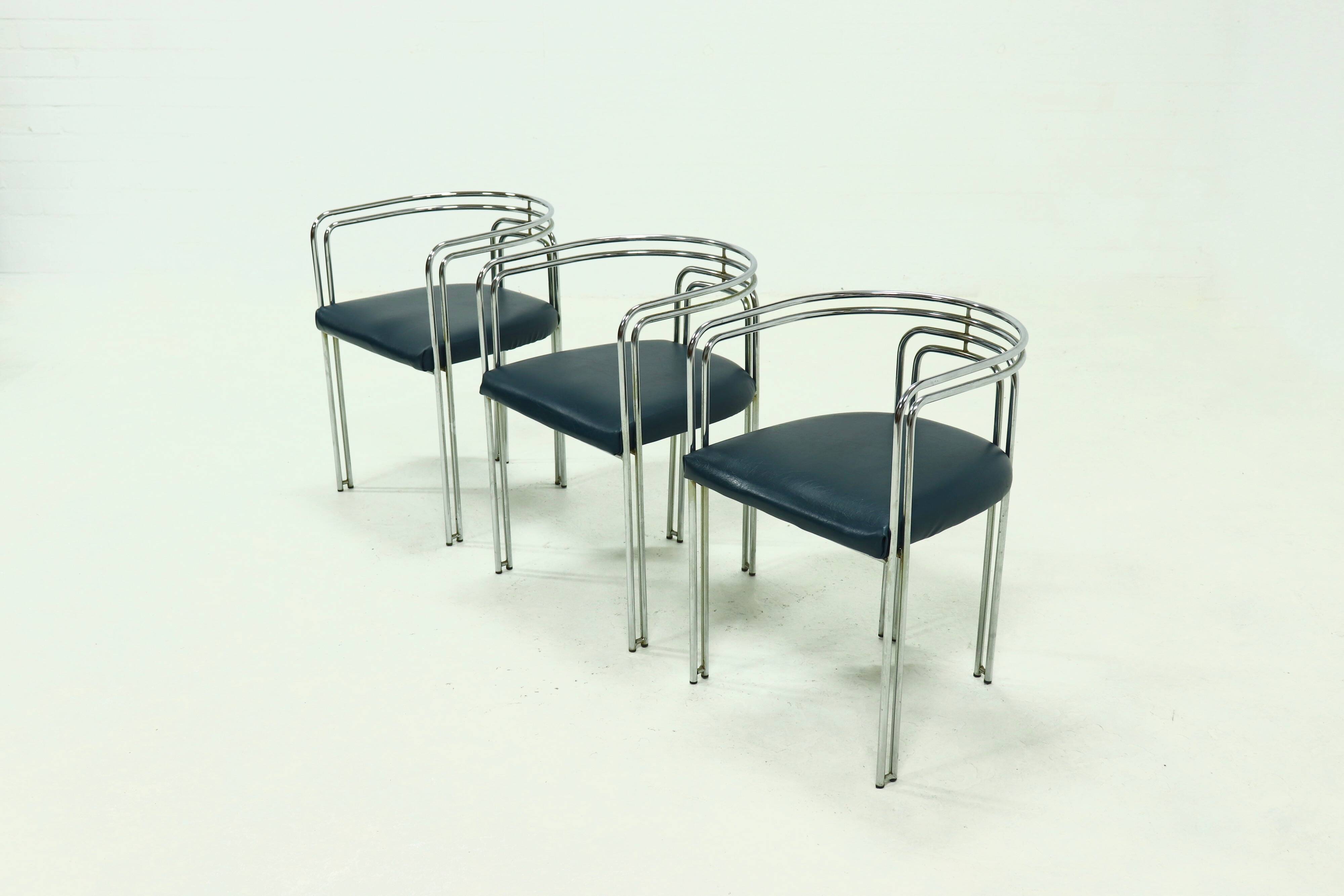 Set of 3 Chromed Steel Dining Chairs, France 1970s