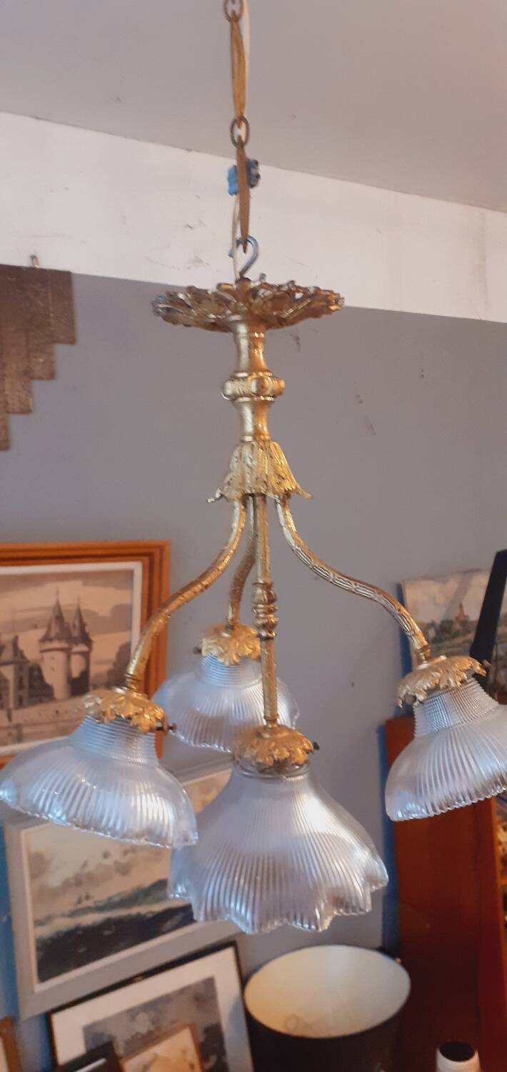 Chandelier in gilded bronze late 19th century around 1900 holophane glassware