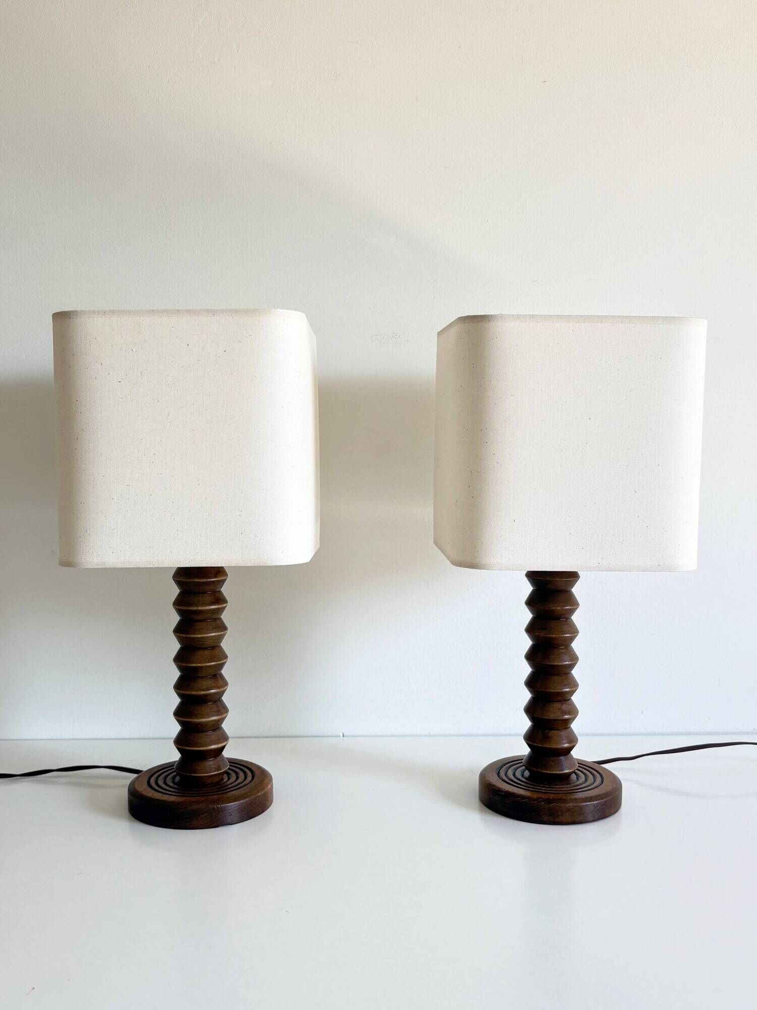 Pair of French Art Deco Wooden Table Lamps Attributed to Charles Dudouyt