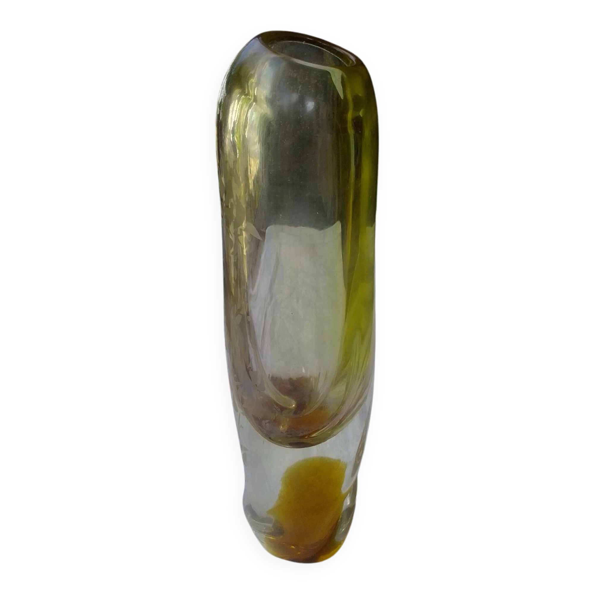 Amber-colored engraved crystal vase