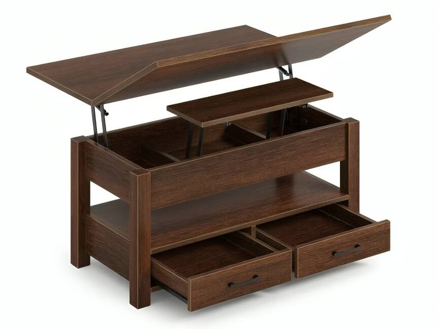 Vintage Lift-Top Coffee Table with Drawers, Hidden Storage & Laptop Stand, Convertible Coffee Table