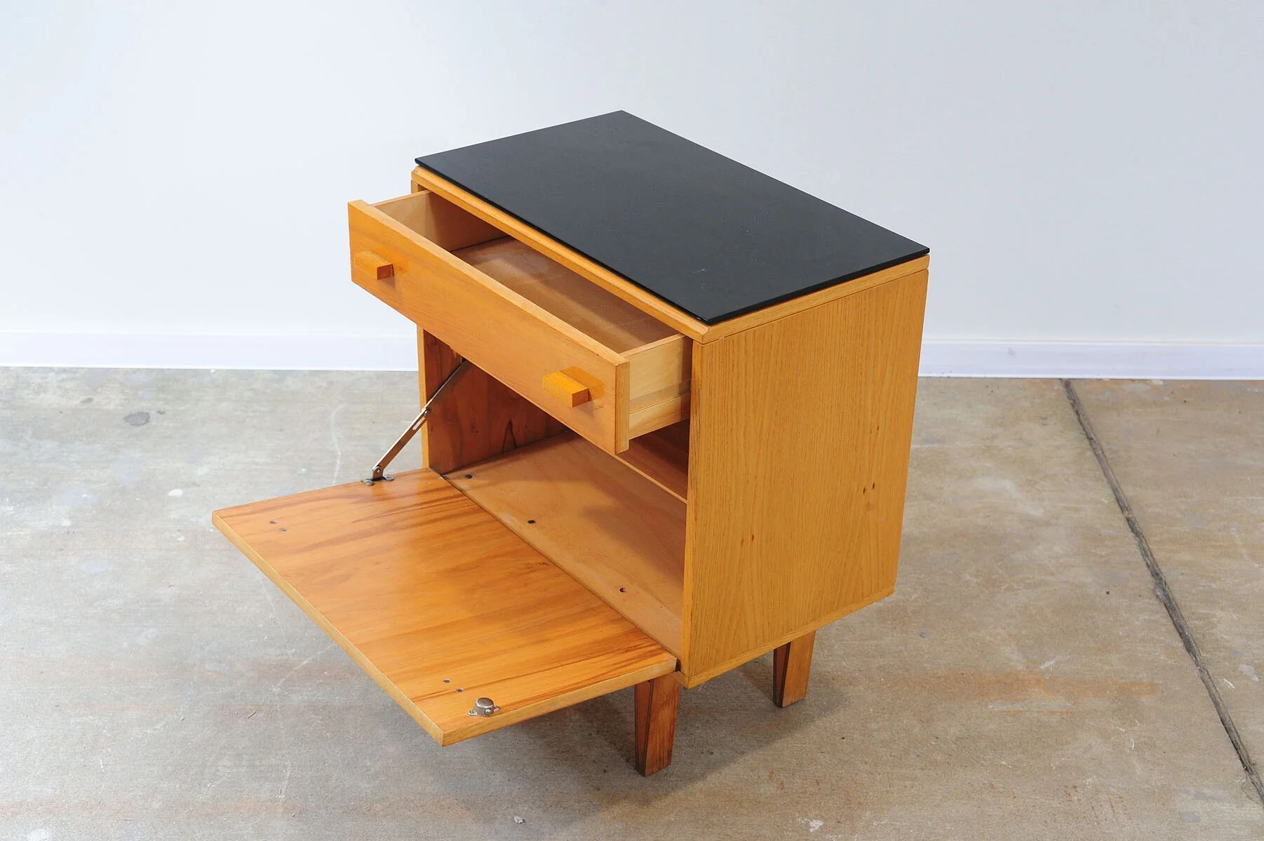 Mid-century bedside tables with ash veneer and black glass by František Mezulánik, Nový Domov, Czechoslovakia, 1970s.