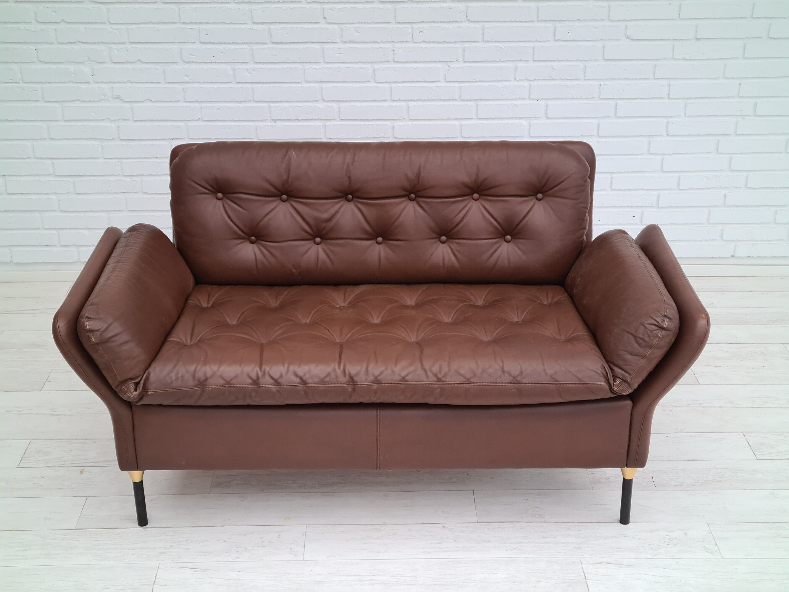 Danish 2-seater sofa, original brown leather, 70s