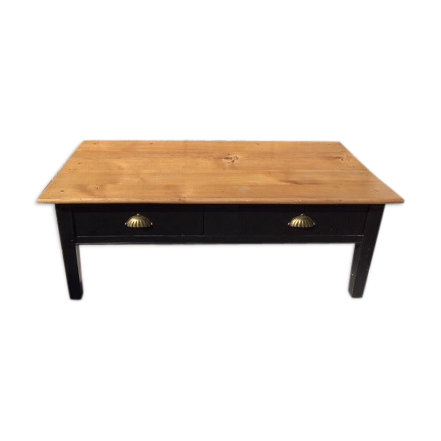 Black patinated cherry bass table and matte varnished raw wood top