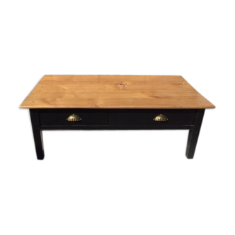 Black patinated cherry bass table and matte varnished raw wood top
