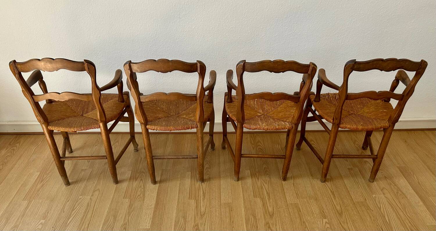 Set of 4 Louis XV style oak straw chairs/armchairs