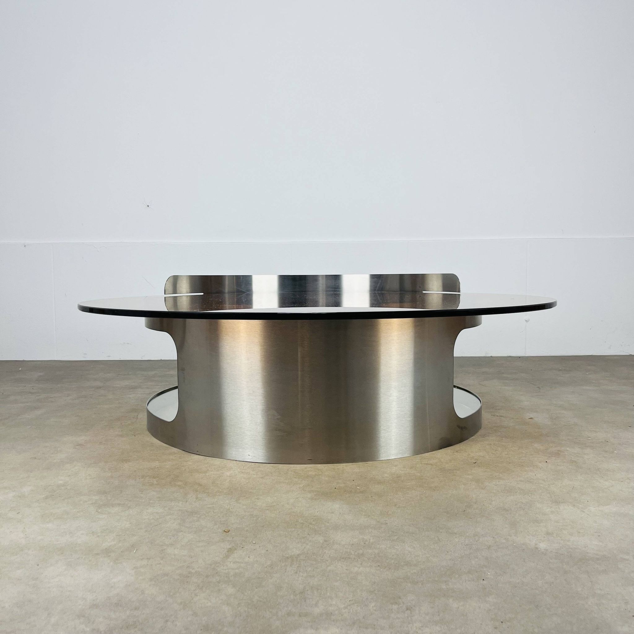 Kappa coffee table in steel and smoked glass, Maria Pergay style, 1970s.