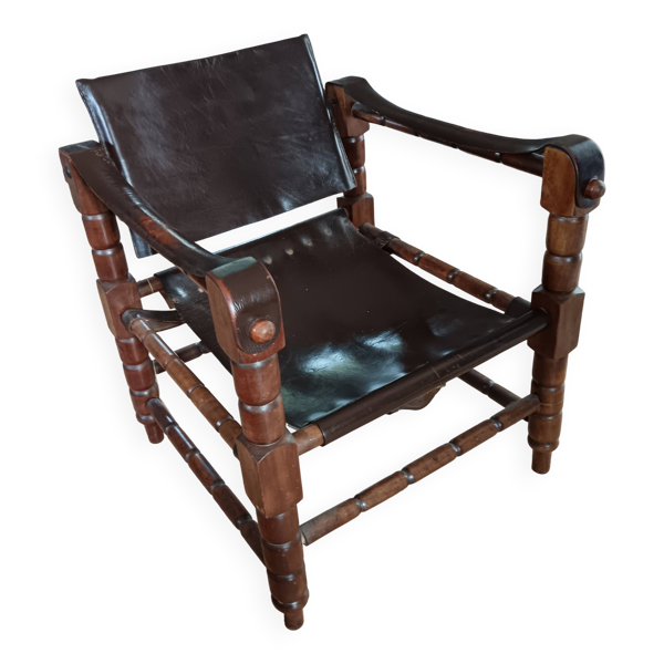 Fauteuil iranien vintage bois & cuir – style Safari – années 60/70