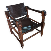 Fauteuil iranien vintage bois & cuir – style Safari – années 60/70