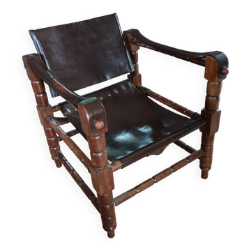 Fauteuil iranien vintage bois & cuir – style Safari – années 60/70