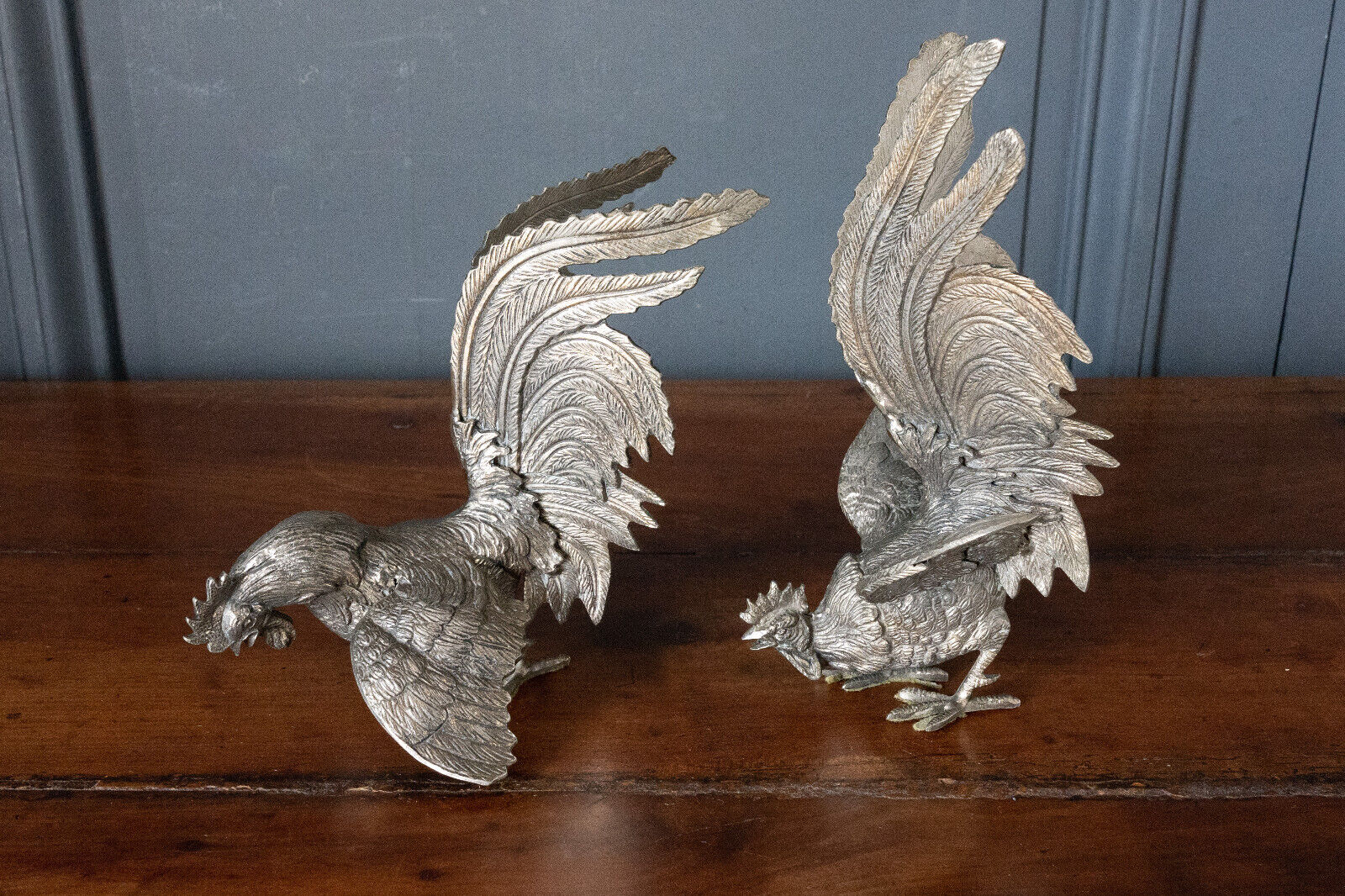 Two roosters in silver metal mid-twentieth century