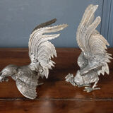 Two roosters in silver metal mid-twentieth century