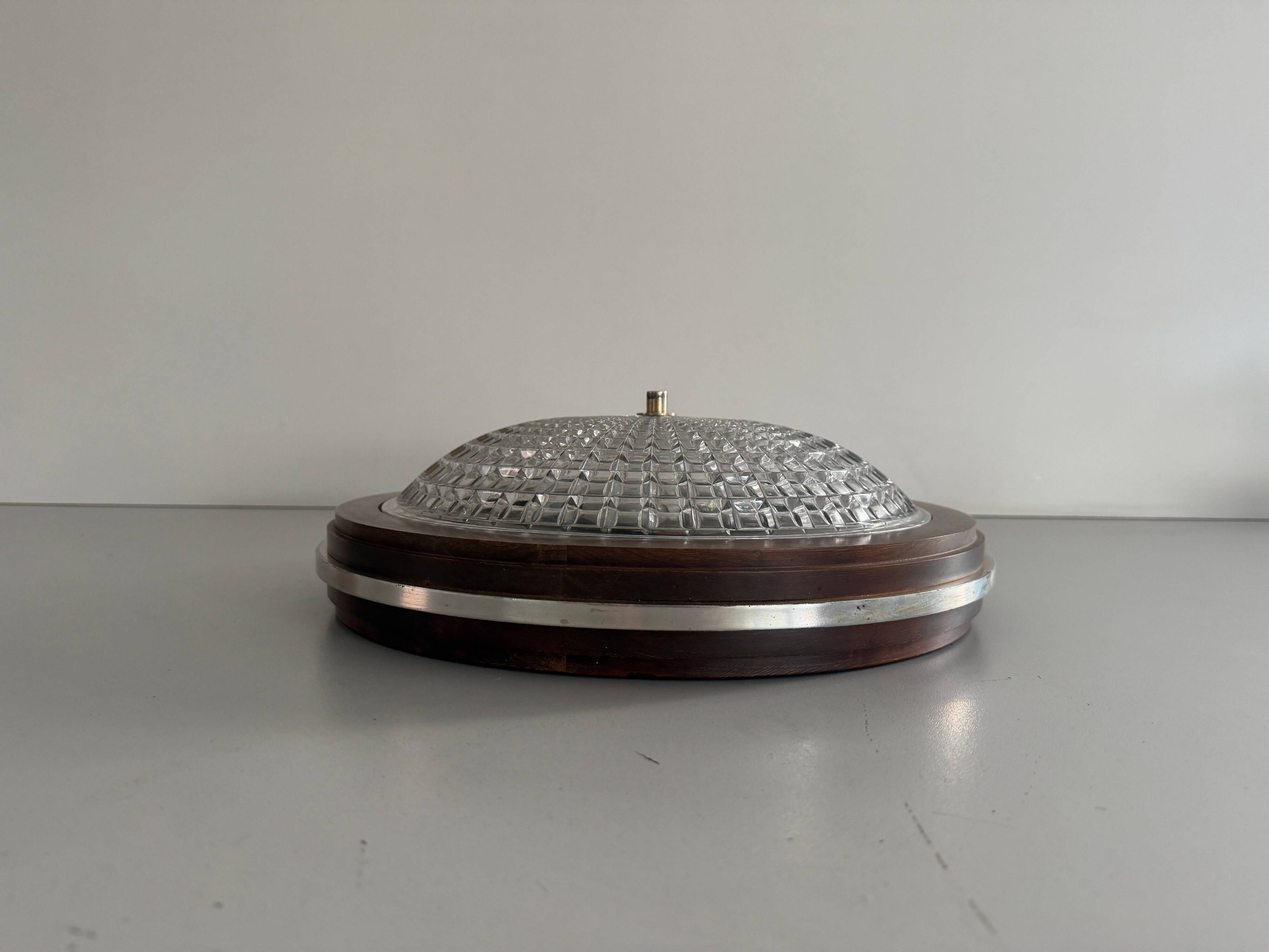 Flush mount in glass crystal and mahogany wood base, 1960s, Switzerland