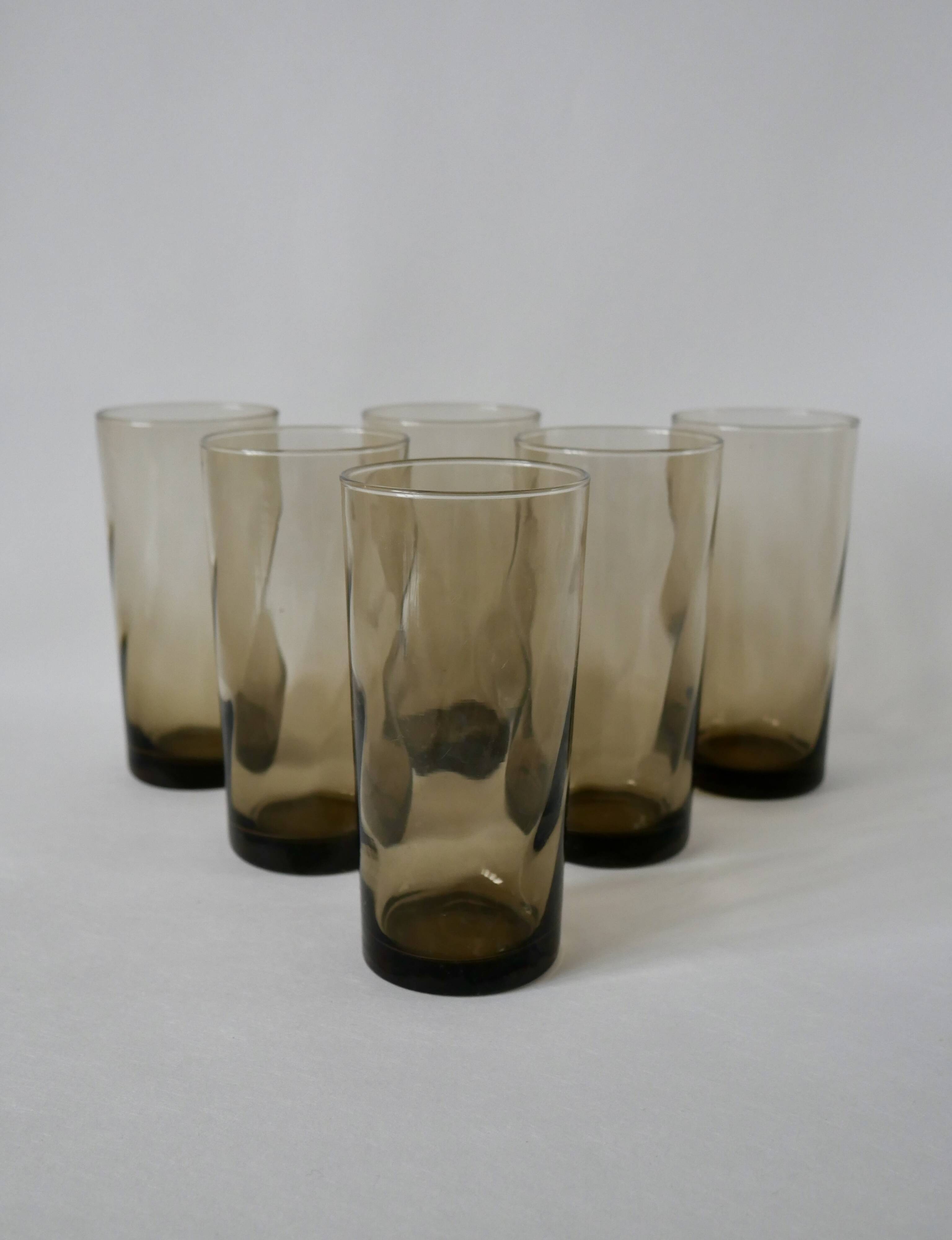 Set of 6 70s Long Drink design smoked glasses