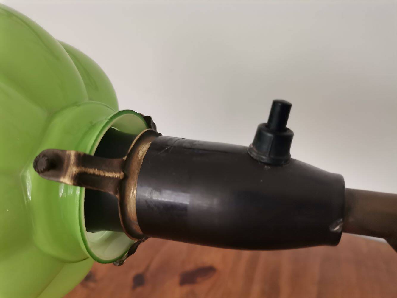 Modernist green cased glass and brass articulated table lamp