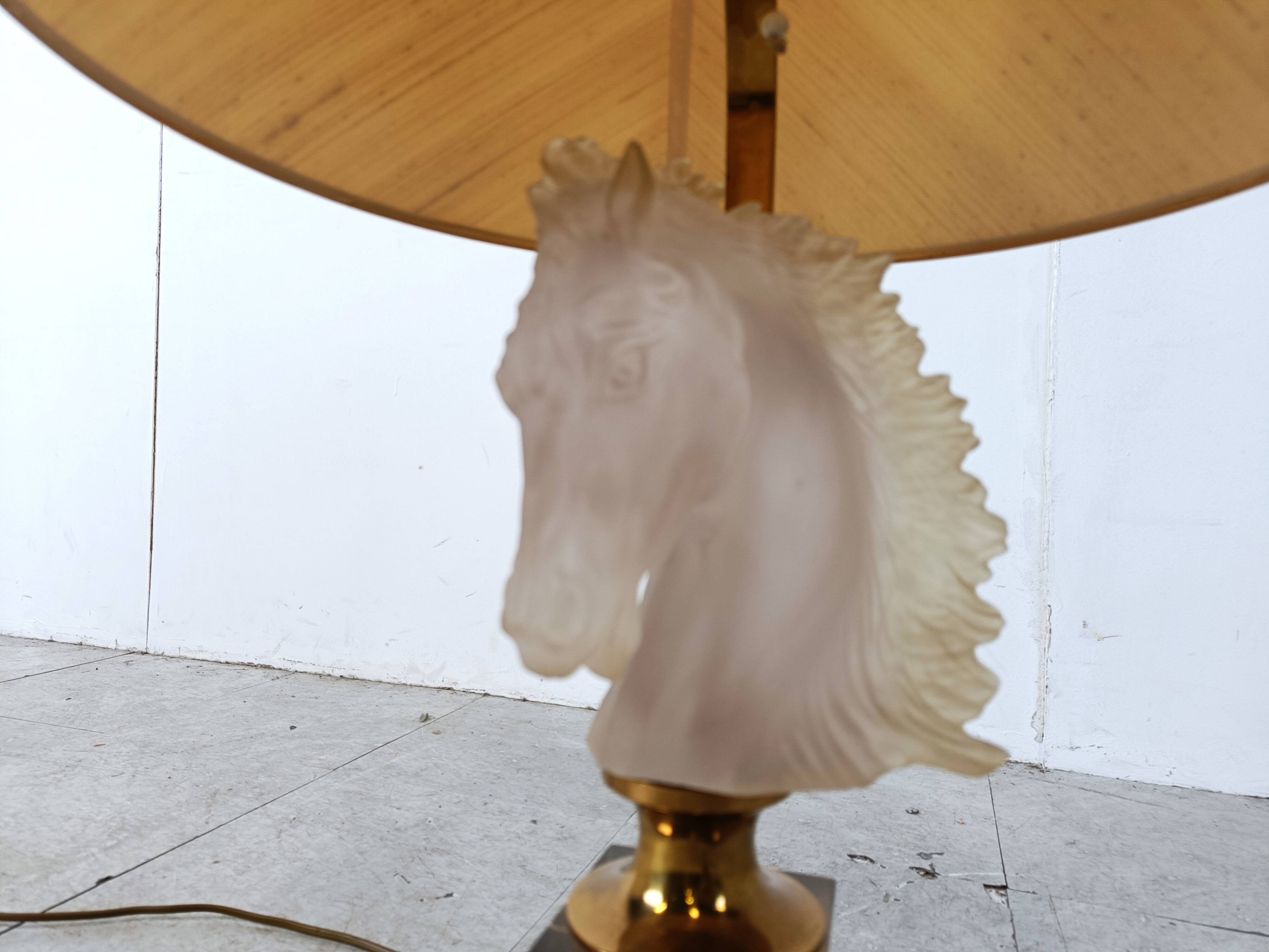 Brass and glass horse head table lamp, 1970s France