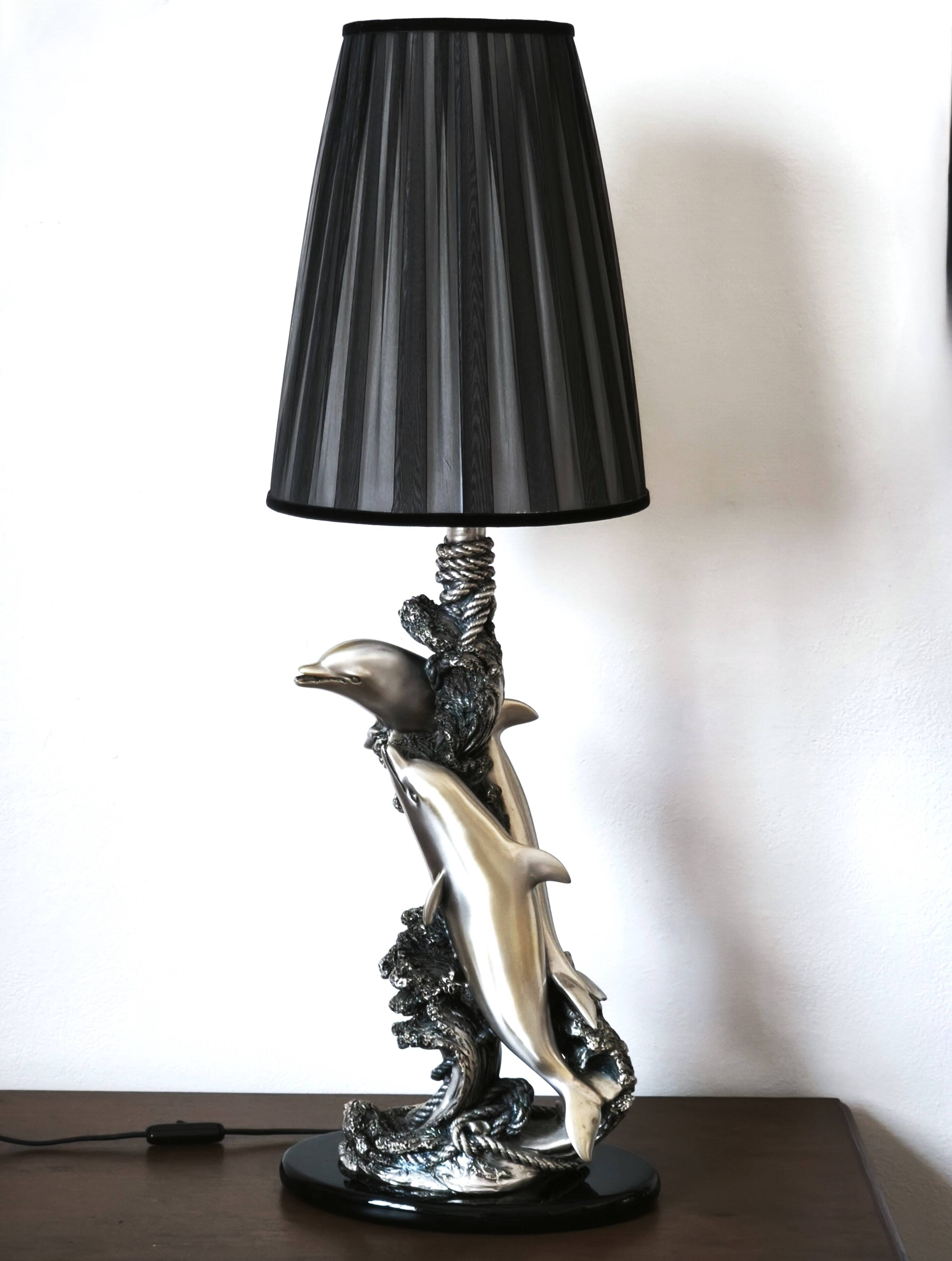 Large sculptural lamp MIDA Argenti silver dolphins Italy