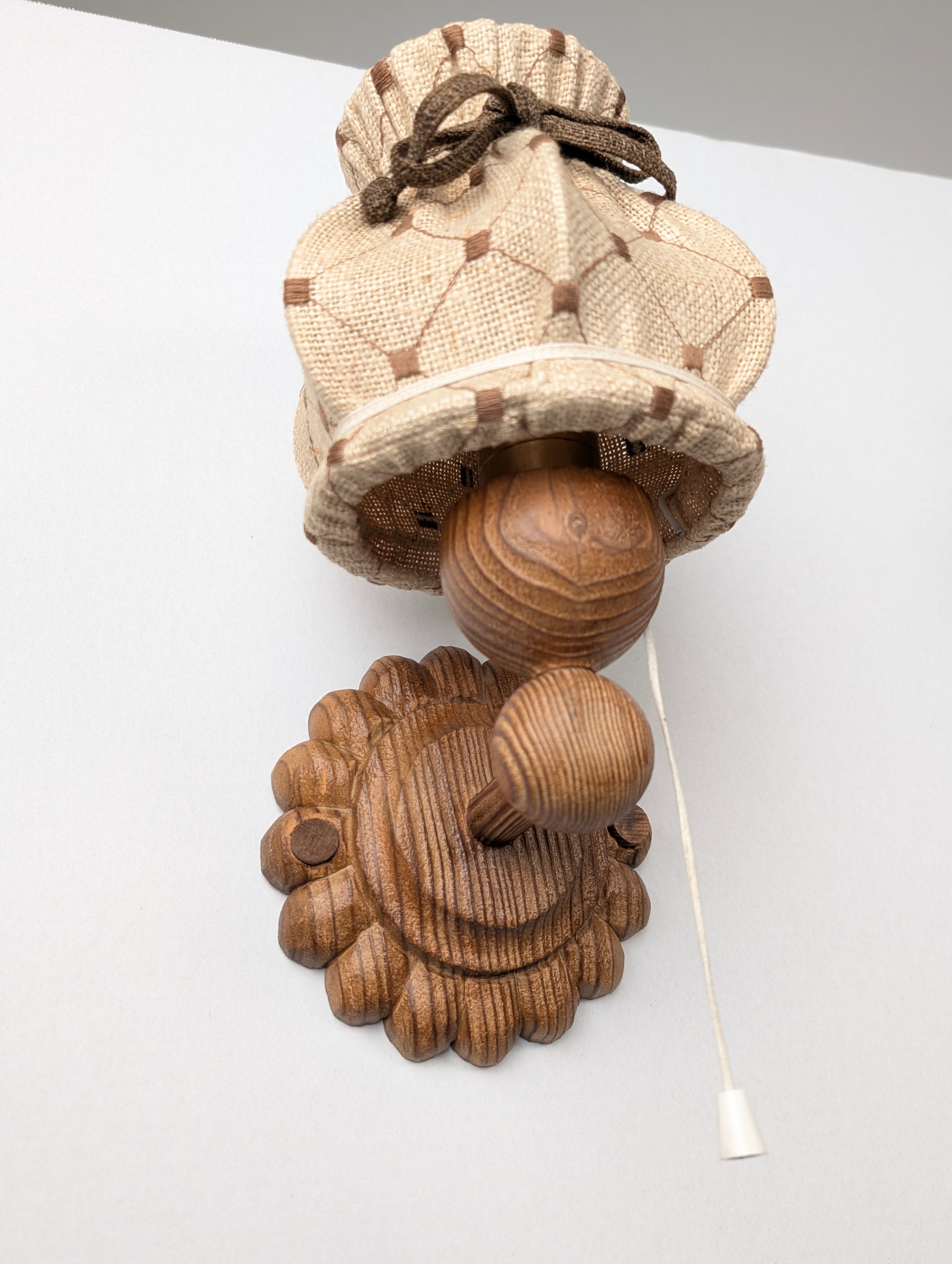 Pair of carved pine wall lights with jute shades, Swedish design, 1970s