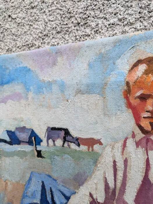 Oil on canvas, painting of young men.