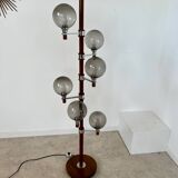 Old Scandinavian design wooden floor lamp from the 60s with 6 vintage lights