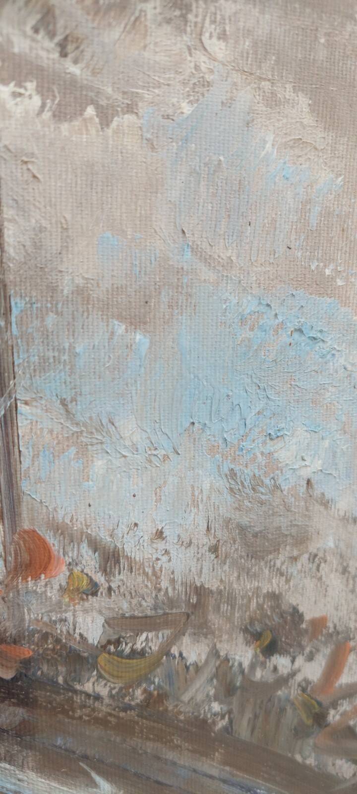 Oil painting on canvas, scene with figures, 50x70 cm, 1960s-70s, signed