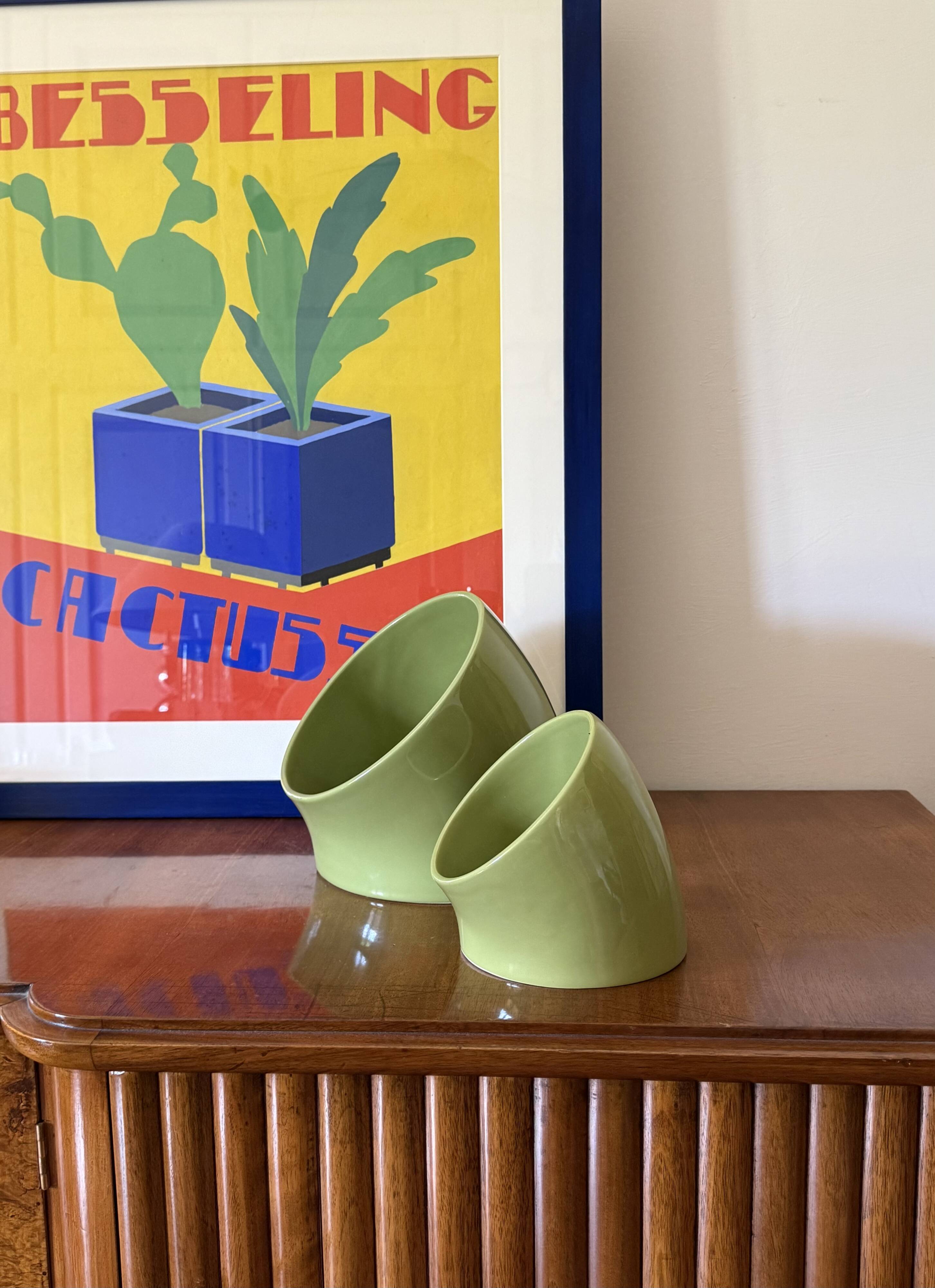 Space age set of 2 green ceramic vide poche, Sicart Italy ca. 1970