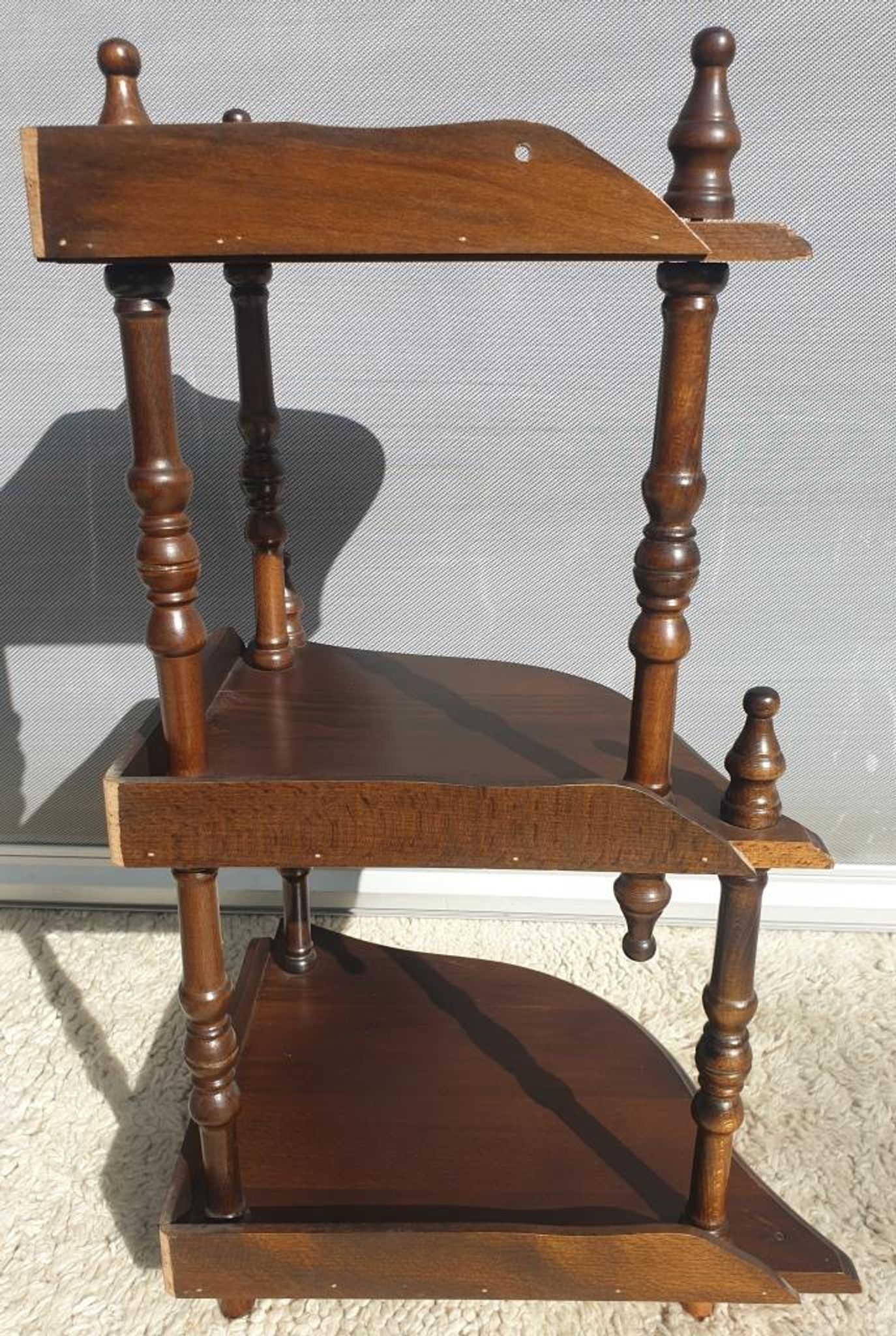 Wall-mounted corner display with 3 mahogany shelves