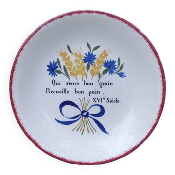 Ancienne assiette  platte Gien avec  Maxime populaire