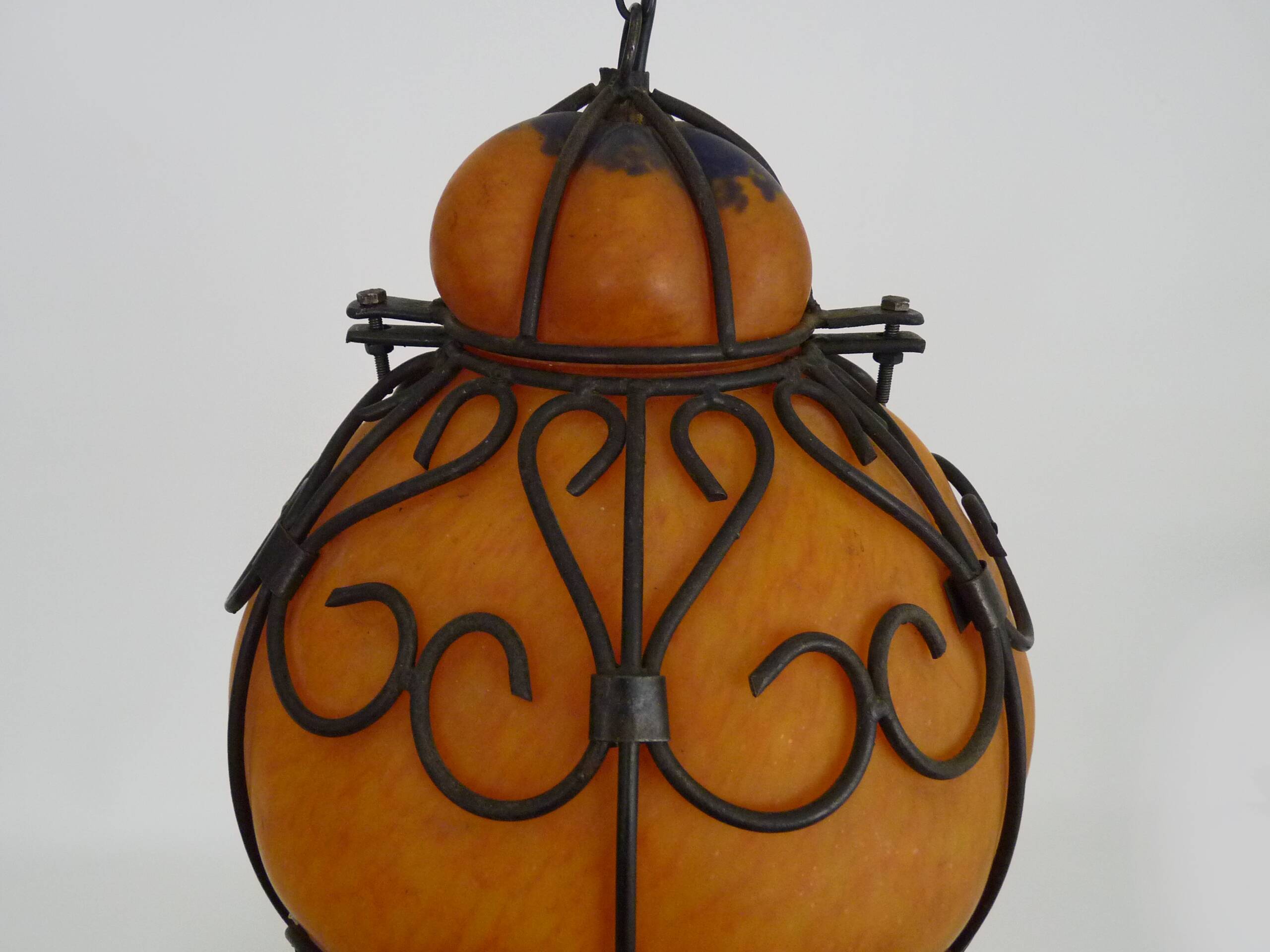 Venetian cage lantern suspension in orange and blue glass paste. Venetian lantern