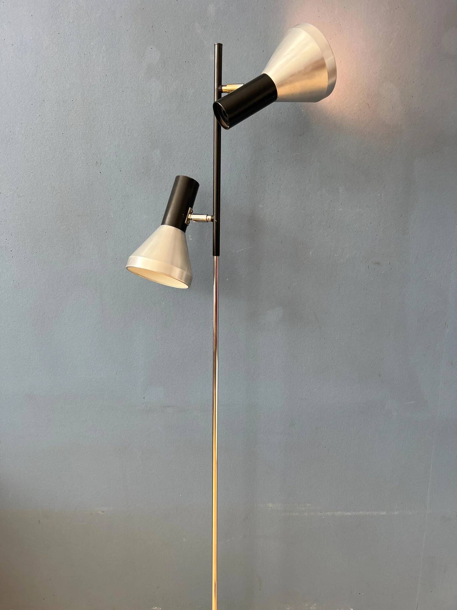 Vintage black mid-century floor lamp with two aluminum spots
