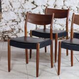 4 Scandinavian Fristho Franeker chairs in teak and faux leather, 1960.