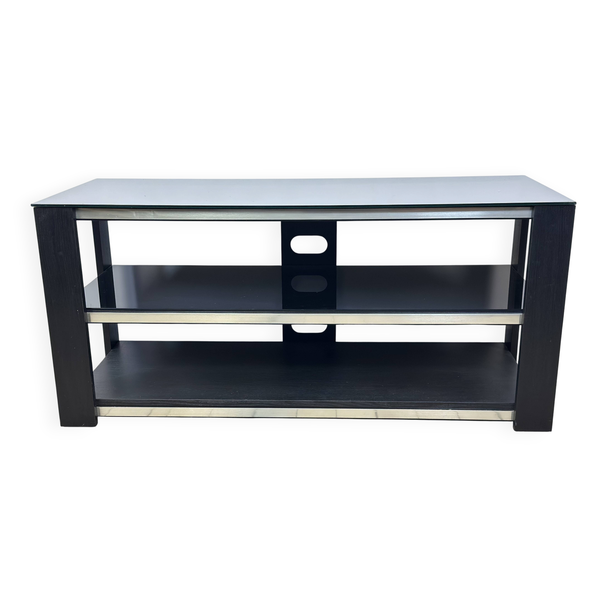 Tv hi-fi unit in black melamine and brushed aluminium, vintage 80s.