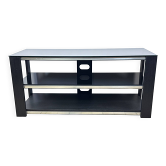 Tv hi-fi unit in black melamine and brushed aluminium, vintage 80s.