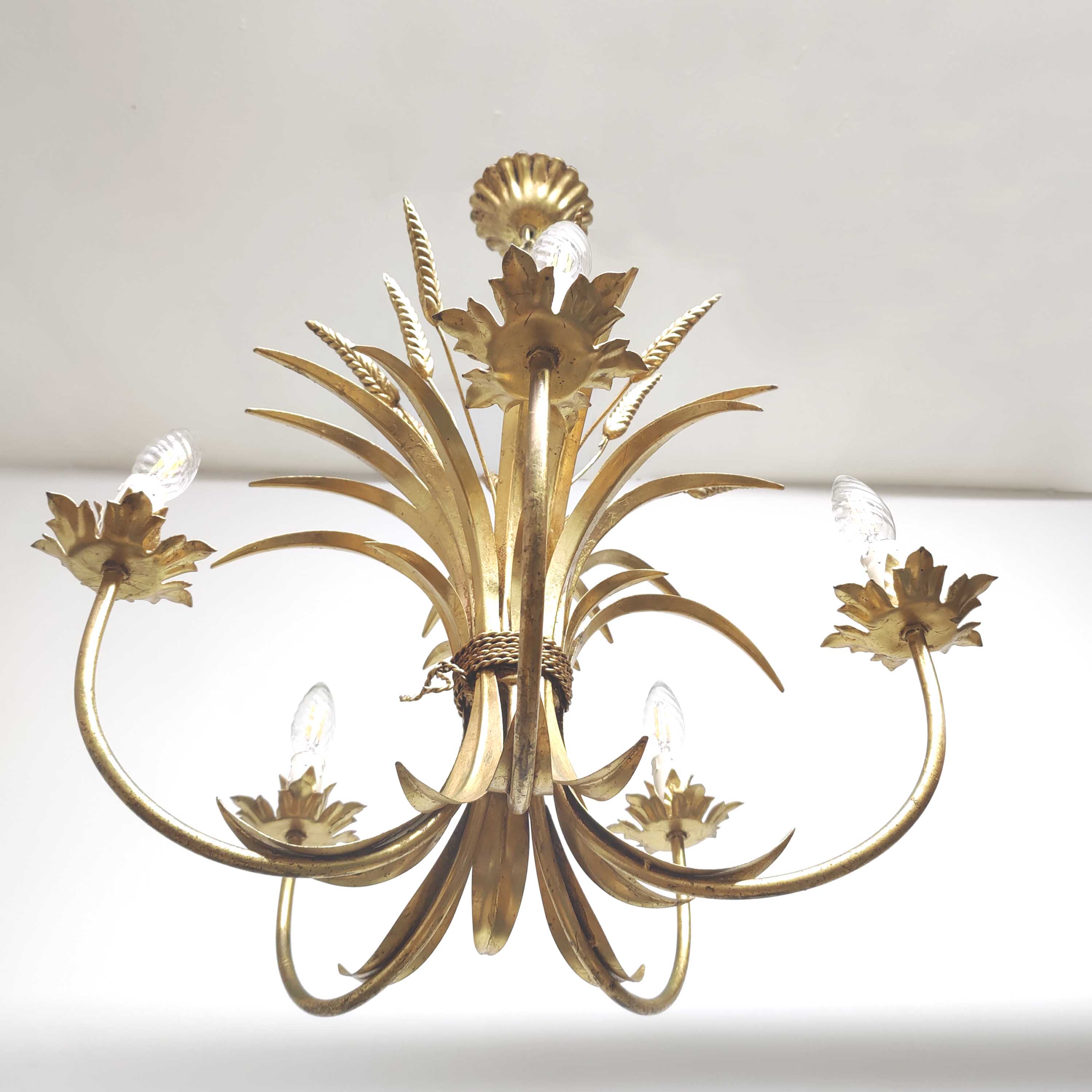 Italian chandelier leaves ears of wheat golden metal 60s/70s