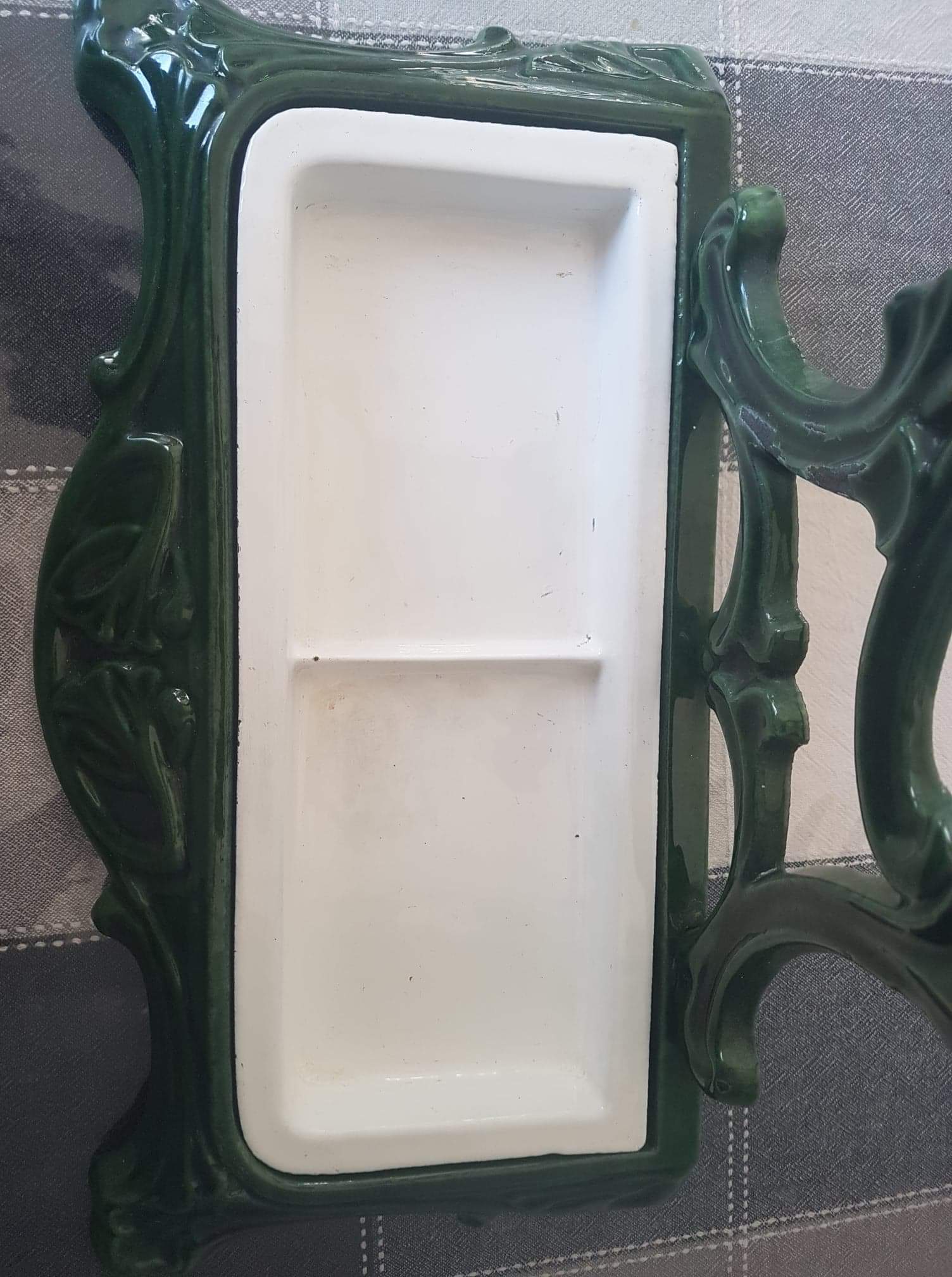 Castirone green enamelled cast iron umbrella stand and removable white tray