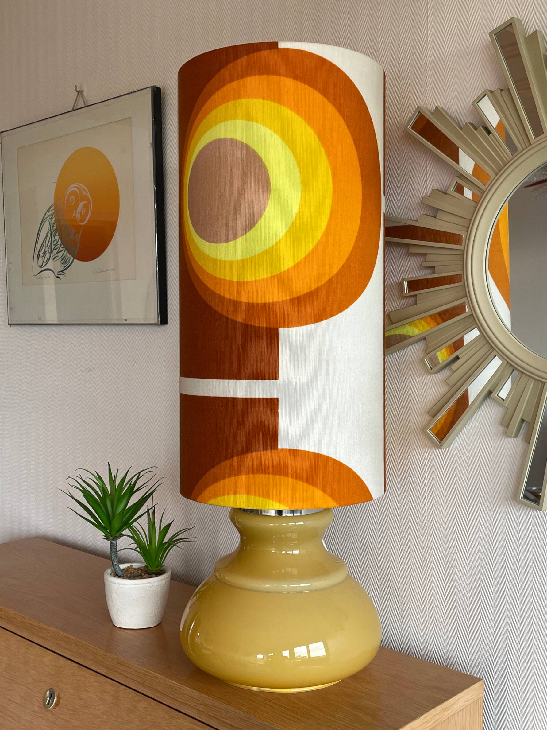 Beige opaline lamp Apollo J - 1970s retro fabric