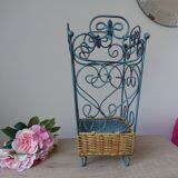 Porte-parapluies français shabby chic en métal et osier tressé – rangement