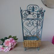 Shabby chic French umbrella stand in metal and woven wicker – storage