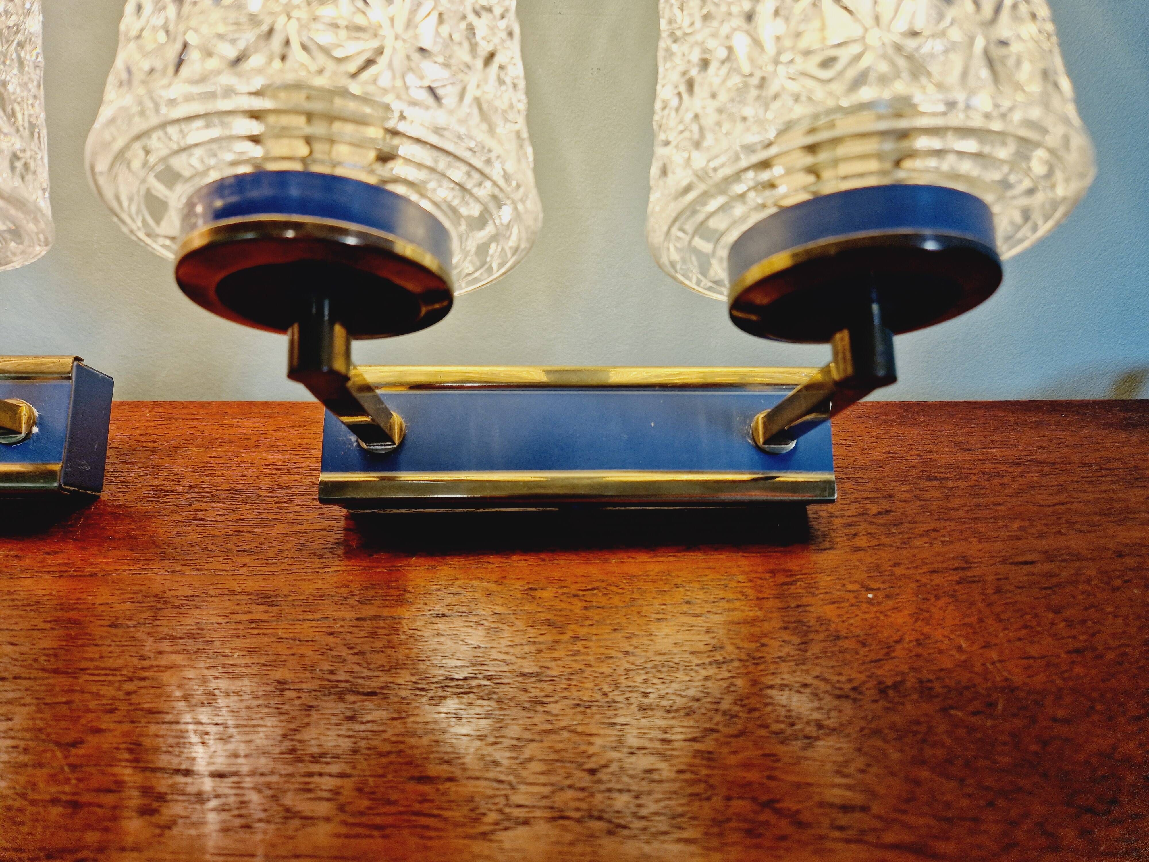Pair of double wall lights in glass and blue lacquered metal, 1950s-60s